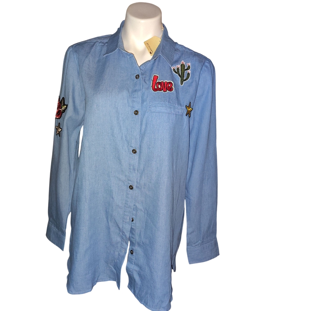 JODIFL Denim Blue Shirt with Cactus and Love Embroidery